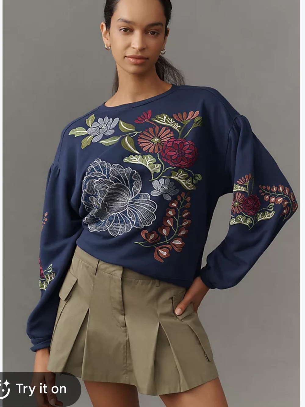 Anthropologie Sweatshirt Crew Neck Embroidered Floral Blue
